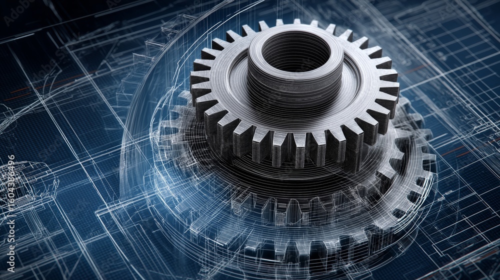Poster detailed 3d render of complex gear mechanism with blue technical blueprint background – engineering 