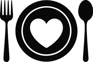 A black and white image showing a plate with a heart a fork and a spoon on a white background