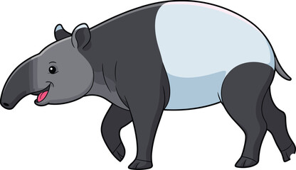 Cartoon Malayan tapir animal walking, cute vector wildlife illustration, black and white tropical mammal, kids jungle animal design