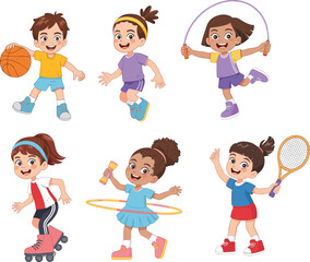 Cartoon Kids Playing Sports, Happy Children Doing Physical Activities, Fun Outdoor Exercise, Healthy Lifestyle Vector Illustration for Education and Fitness