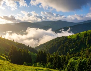 Fototapeta premium Mountain valley at sunset