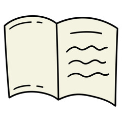 Hand-drawn cartoon open magazine on a white background.