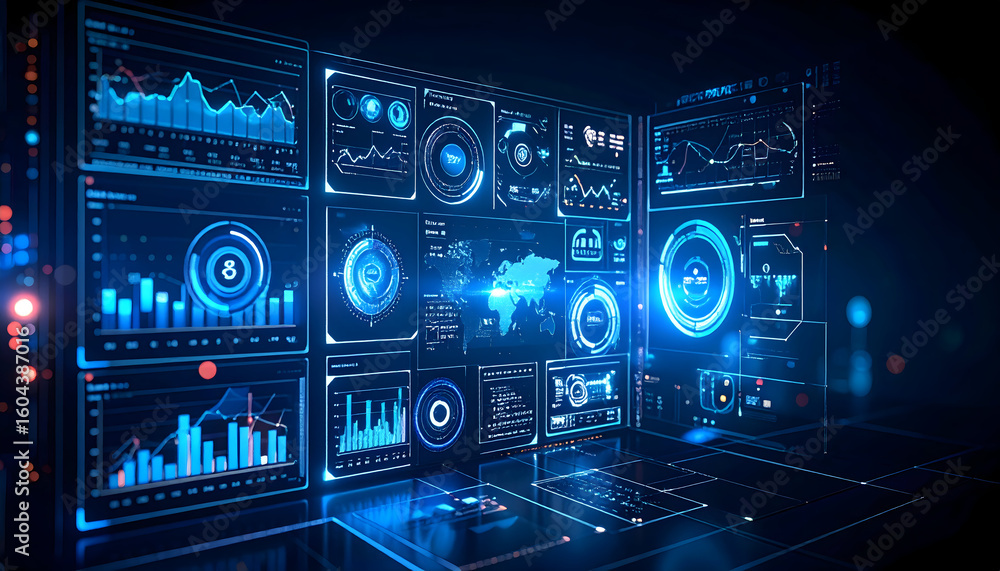 Poster futuristic data interface with analytical charts and information displays