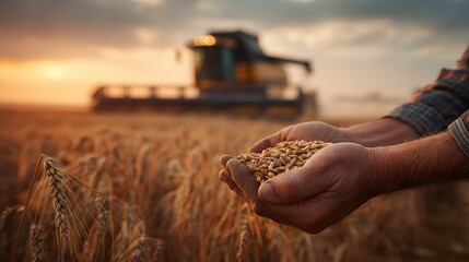 Farmer Holding Harvested Wheat Grain in Hands, Close-up of Golden Crop, Agriculture, Rural Life, and Sustainable Farming.
