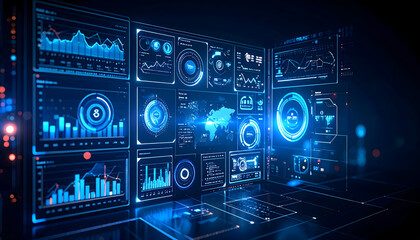 Futuristic data interface with analytical charts and information displays