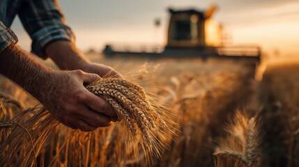 Obraz premium Farmer's Hand Holding Wheat Harvest - Close-Up of Golden Grain Field, Rural Agriculture, Farming, Crop Production, Autumn Season