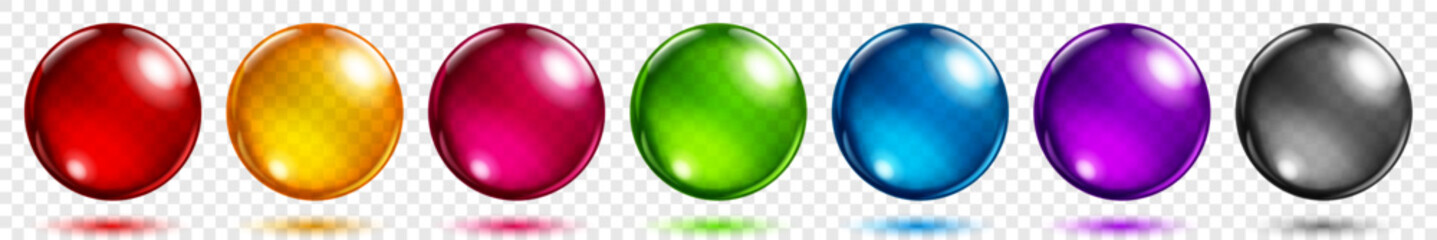 Set of translucent spheres of different bright colors with highlights and shadows on transparent background, vector illustration for design projects and creating creative works.