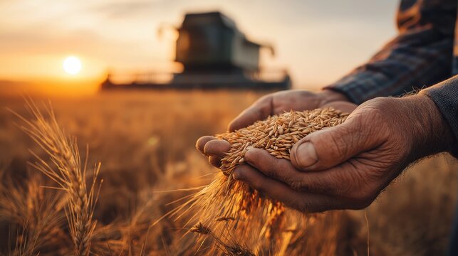 Farmer's Hands Holding Harvested Wheat Grain - Close-Up of Agricultural Bounty and Rural Life.
