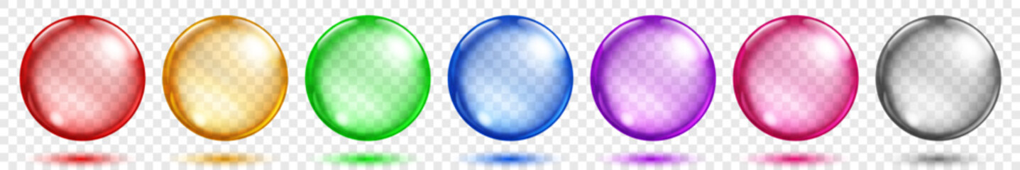 Set of translucent spheres of different colors with highlights and shadows on transparent background, vector illustration for design projects and creating creative works.