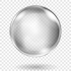 Large translucent gray sphere with highlights and soft shadow on transparent background, vector illustration for design projects and creating creative works.