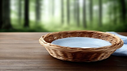 Elegant wooden table set for a picnic with a basket and napkin in a tranquil forest environment, perfect for outdoor gatherings and product display