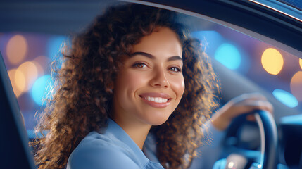 Cheerful female driver with brown curly hair in white blouse, looking back while driving, smile, contemporary vehicle interior, bright natural lighting, confident driving pose, candid moment,realistic