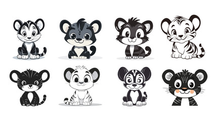 Fototapeta premium Stylized cartoon tiger cub with big ears, cute playful young tiger illustration in vector style, adorable wild animal character with expressive eyes and fluffy fur, perfect for children’s books