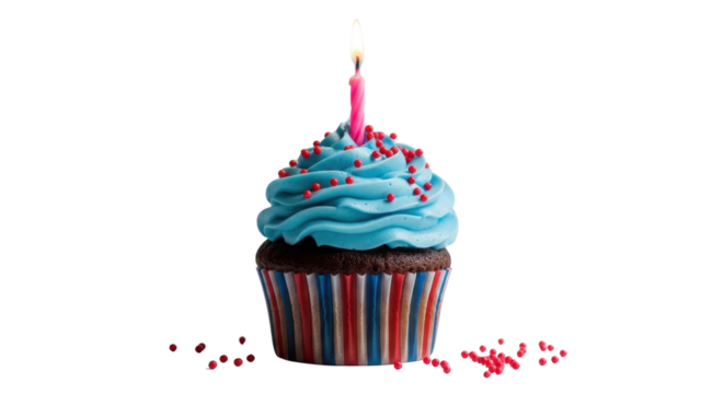 Birthday cupcake with blue frosting and candle isolated PNG with Transparent Background