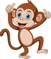 Cute cartoon monkey character with big blue eyes giving thumbs up, fun jungle animal vector illustration for kids and animation design