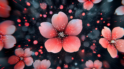 Kaleidoscopic animation of pink petals blooming with glowing particles and dynamic motion blur creating vibrant floral explosion effect