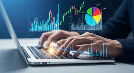 Businessperson analyzing financial data on a laptop with holographic charts and graphs