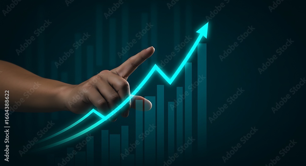 Aufkleber finger pointing to a vibrant blue arrow on a graph illustrating a sharp increase in business perform