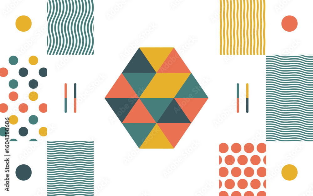 Poster abstract geometric arrangement with hexagon triangles circles and wavy lines in pastel colors