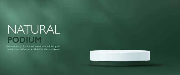 3D Natural product banner. Green background white cylinder podium and leaf natural light scene. Minimal modern mockup stand, eco friendly display, cosmetic stage, beauty showcase sale. vector
