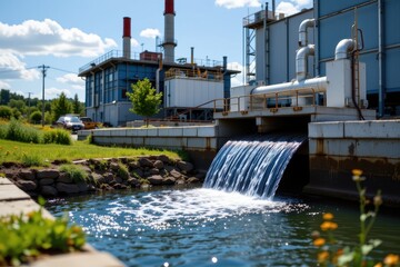 Obraz premium factory showcasing clean water discharge from treatment plant demonstrating environmental responsibility and care