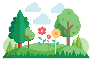 Fototapeta premium Colorful vector landscape with trees, flowers, and a bright summer sky