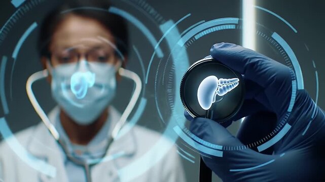 Medical Professional Examining Pancreas Hologram with Stethoscope Wearing Gloves And Mask in Blue Tones with White Background Medical Concept