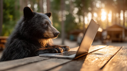 Black bear working on laptop while sitting at wooden table outdoors  