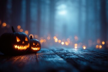 Two carved pumpkins on a wooden surface illuminated with candles against a blurred background with lights
