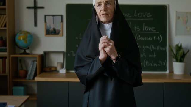 Zoom out slowmo of elderly Caucasian nun in veil praying with teen students sitting at school desks in front of blackboard with Bible quotes during religious class in Christian school