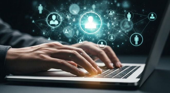 Hands typing on a laptop with glowing digital network connections and user icons