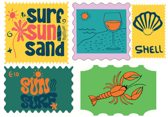 Fun and Relaxed Boho Beach Vibes Summer Shirt Vector Design, italian-summer-mediterranean-trendy-postage-stamps, Set of Summer Post Stamps with Amalfi Coast Theme