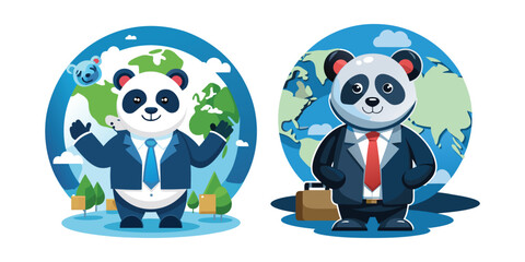 Corporate panda attending a global summit, business networking, professional panda mascot, international conference, corporate event, leadership, teamwork, global business vector illustration