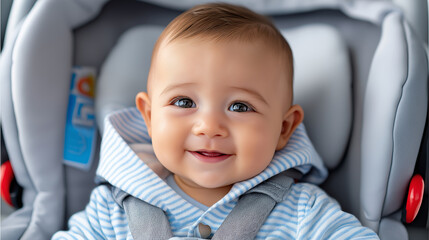 female driver  and baby bodysuit in protective car seat ,driving, smile, contemporary vehicle interior, bright natural lighting, confident driving pose, realistic.