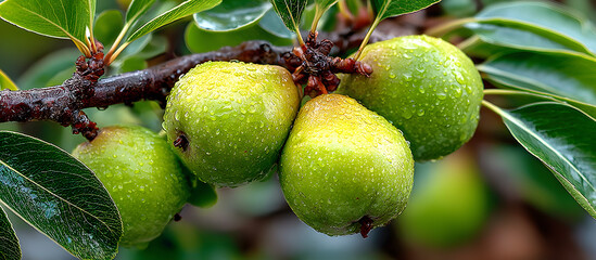 Fresh green pears cluster on a sunlit branch surrounded by lush green leaves, captured in a close-up view showcasing their vibrant allure.