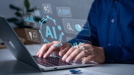 Person typing on laptop with ai interface and data visualizations overlayed on the screen display