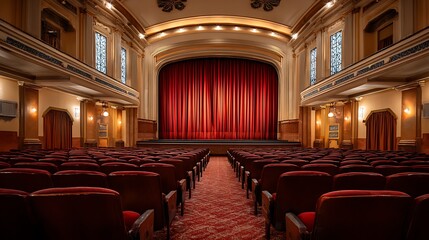 Grand theater interior with red curtains and plush seating