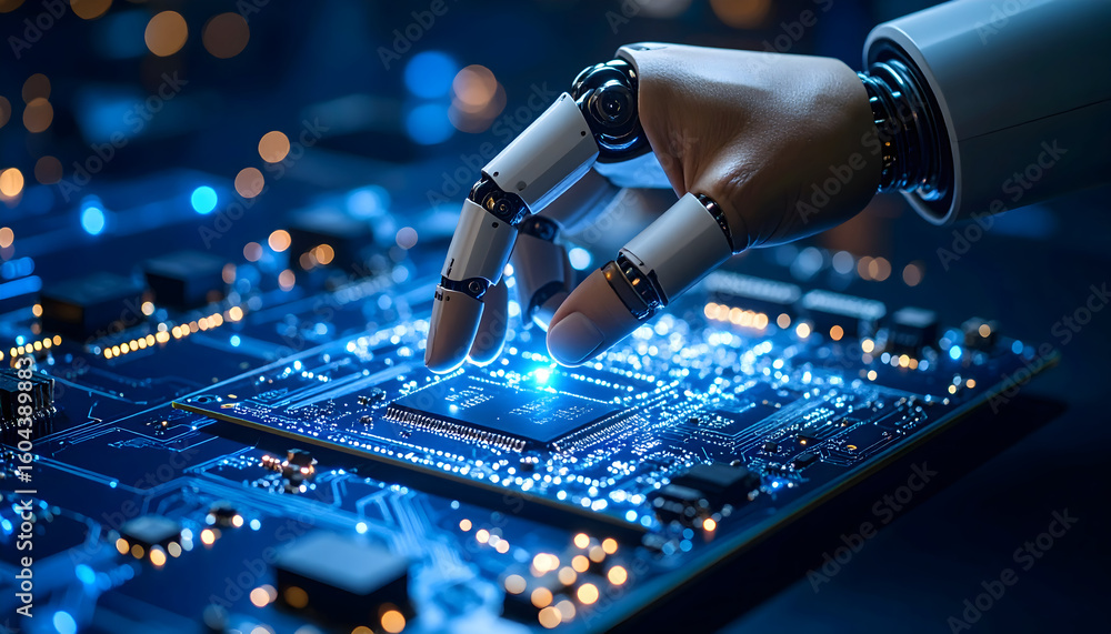 Poster robotic hand interact with microchip on lit circuit board high technology