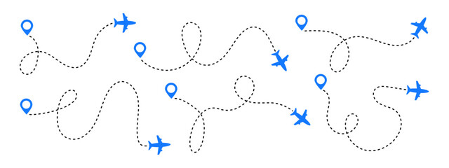 Set of flight, airplane, path travel route with start point and dash line trace vector illustration