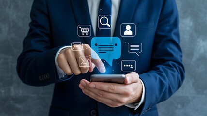 A businessman using a smartphone with floating app icons above it in a business setting image