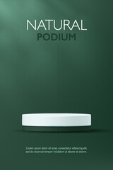 3D Natural product banner. Green background white cylinder podium and leaf natural light scene. Minimal modern mockup stand, eco friendly display, cosmetic stage, beauty showcase sale. vector