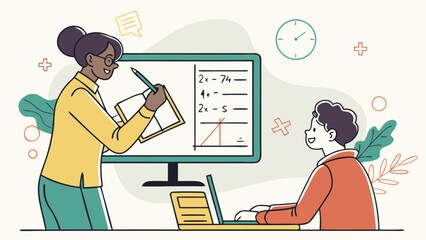 Vector illustration of online tutoring with a mentor guiding a student through video call and digital whiteboard learning tools.