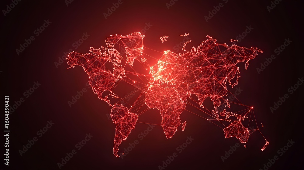 Poster a digital world map is displayed as glowing red network of connected dots and lines, set against a d