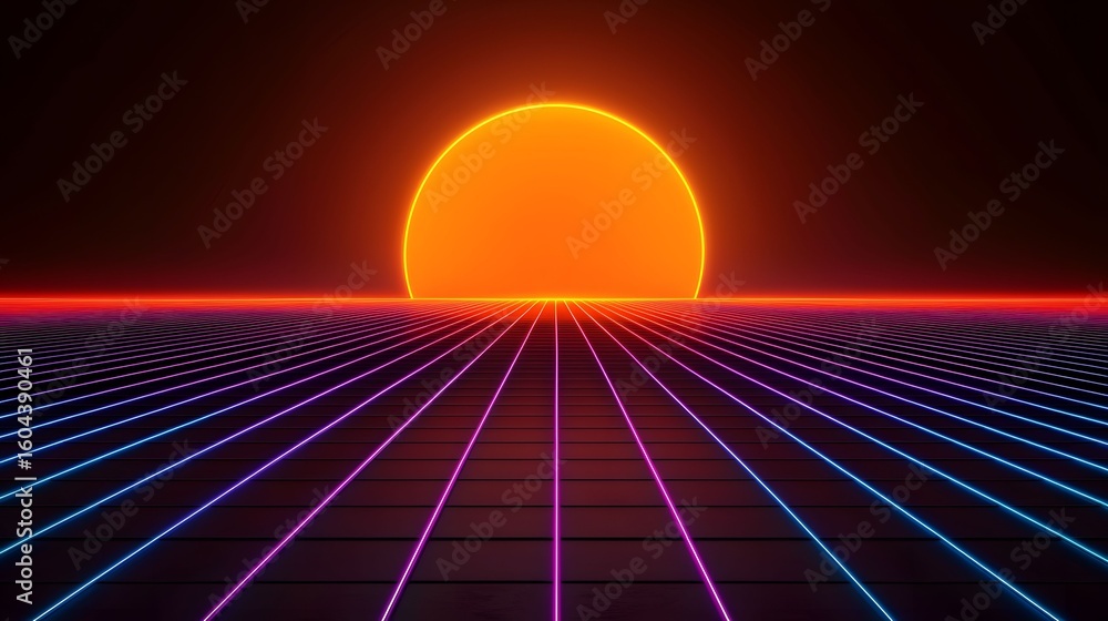 Poster the image shows a retro-style digital landscape with a neon orange sun setting over a grid of neon l