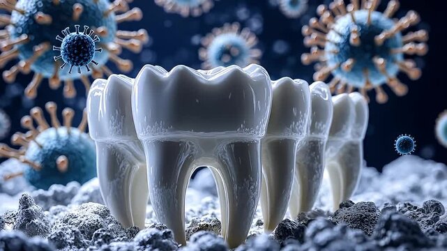 White Teeth Surrounded by Microscopic Viruses on Blue Background Illustrating Dental Health and Infection Risks