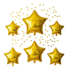 Golden star balloons and confetti decorations for celebrations isolated PNG with Transparent Background