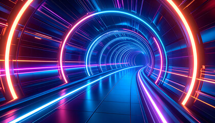 Abstract futuristic neon tunnel with glowing lights and speed lines