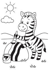 Coloring book zebra painting a rock.