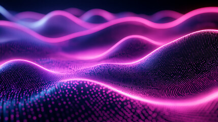 Neon pink waveforms glowing rhythmically with digital dots creating abstract futuristic landscape of vibrant light energy
