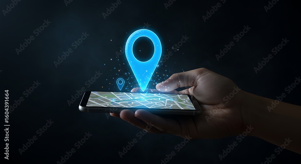 Poster hand holding smartphone with glowing blue location pin and map representing navigation and digital s